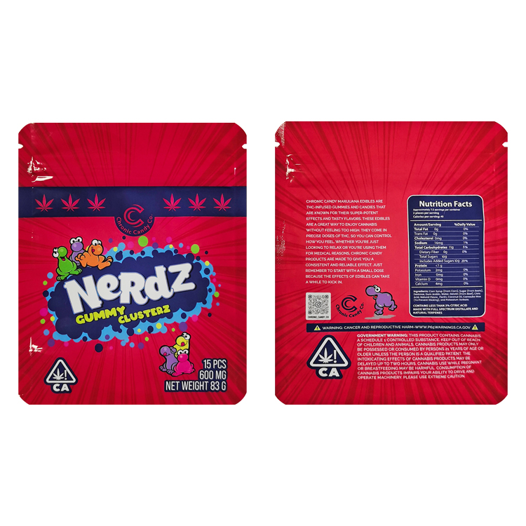 Front and back panels of a red printed gummy pouch, showing artwork and information areas