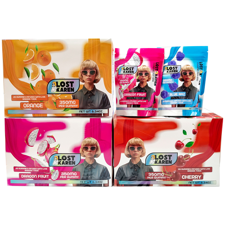Colorful printed pouches and matching display boxes in a coordinated packaging series
