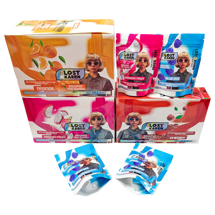 Printed pouches displayed with matching product boxes
