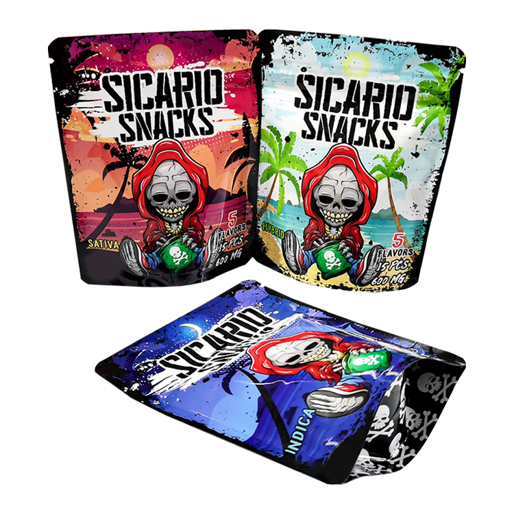 A series of printed stand-up gummy pouches, including one laid flat