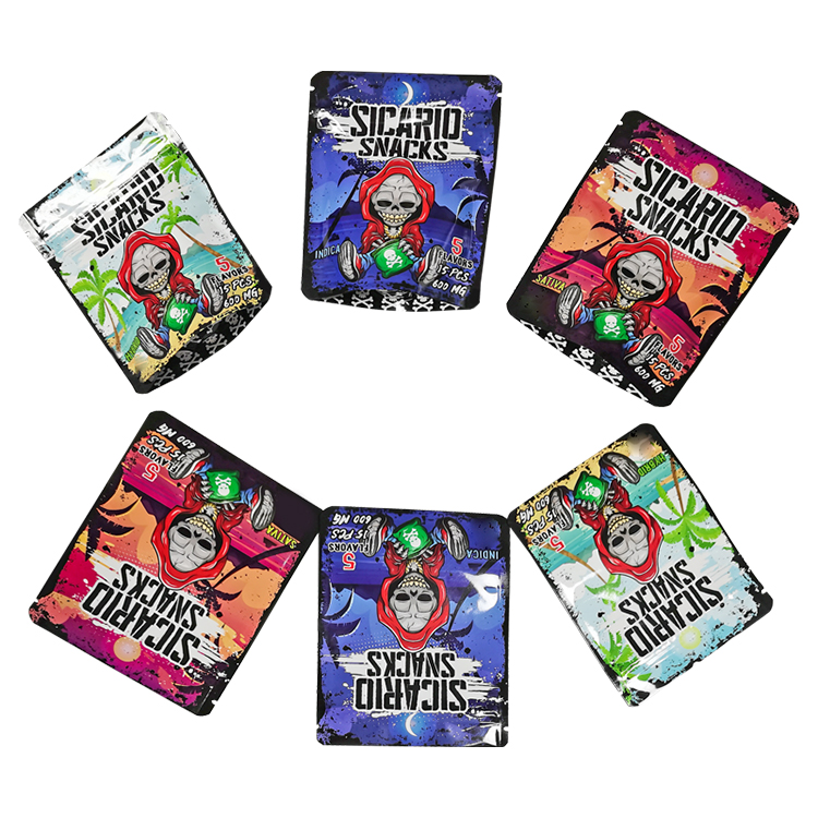 Six printed gummy pouches arranged to show a coordinated range of artwork