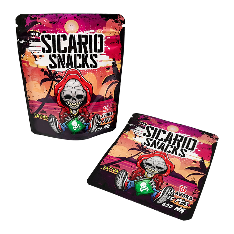 A colorful printed gummy pouch shown upright and laid down