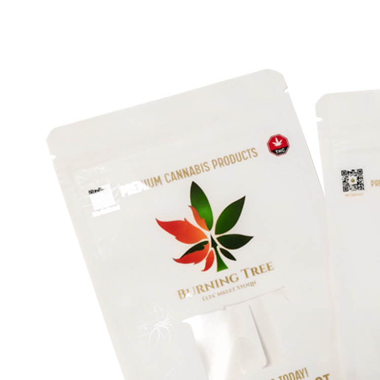 Close view of multicolored artwork and printed details on a white pouch