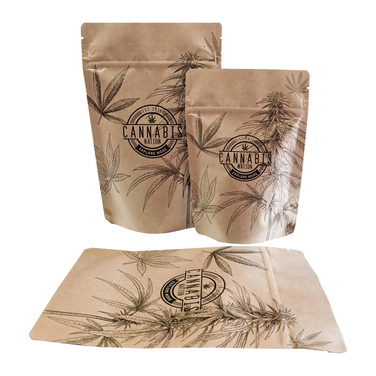 Kraft-look stand-up pouches with cannabis packaging artwork