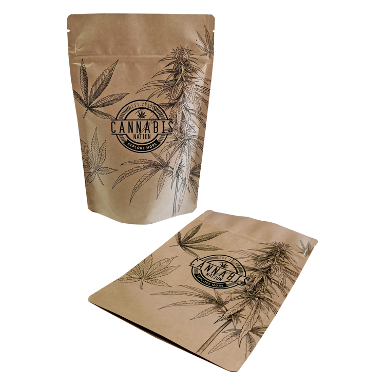 Kraft-look printed stand-up pouches, one standing and one laid flat