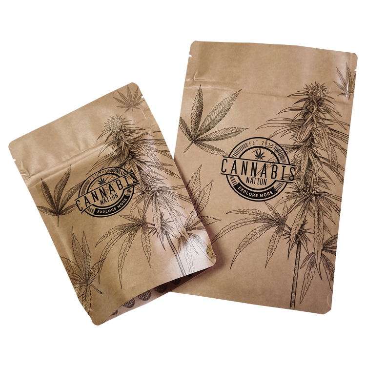 Two kraft-look stand-up flower pouches with botanical line artwork viewed at angles
