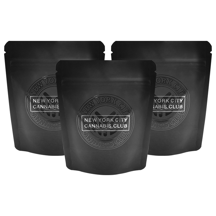 Three matte black stand-up pouches with selected gloss artwork details