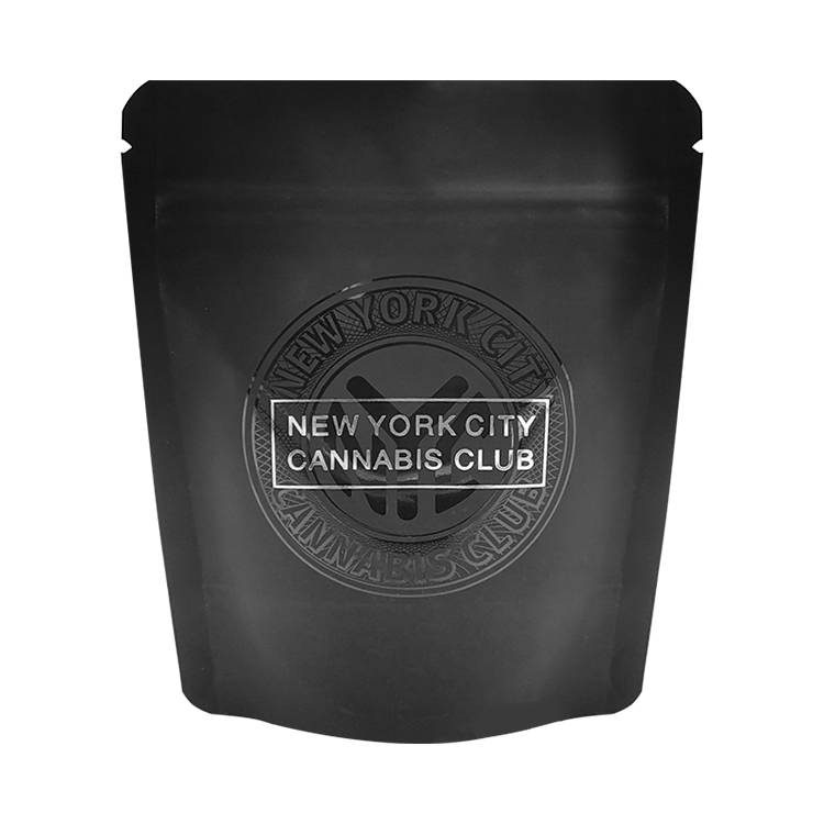 Front of a matte black stand-up pouch with selected gloss artwork and a printed logo