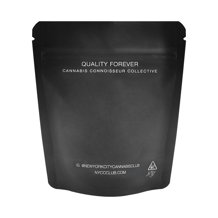 Back panel of a matte black printed pouch showing product artwork and information areas