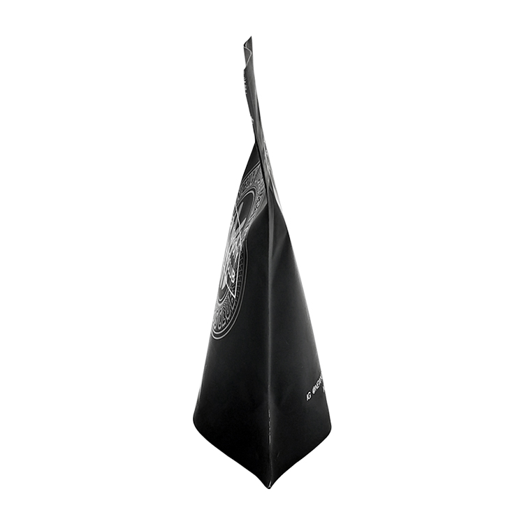 Matte black stand-up pouch viewed from the side, showing the base profile