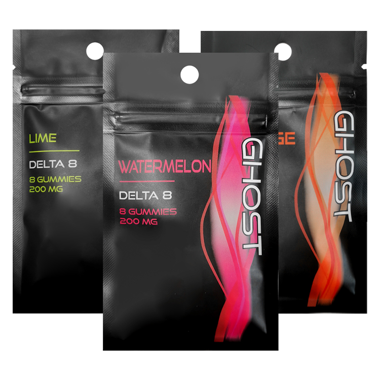 Printed black flat gummy pouches with resealable zipper areas and round hanging holes