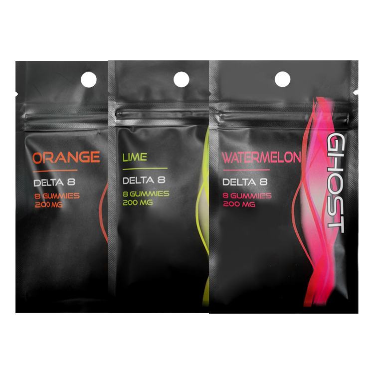Three printed flat gummy pouches with resealable zipper areas and round hanging holes