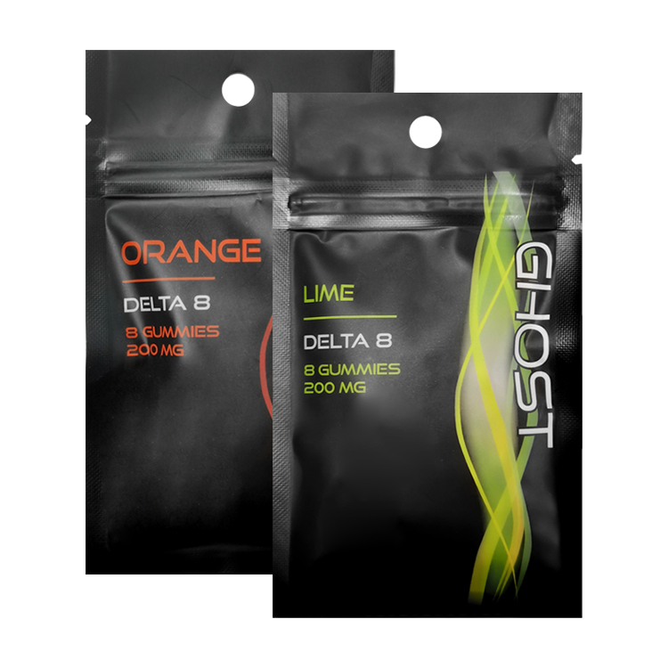Two black printed flat gummy pouches showing hanging holes and zipper areas