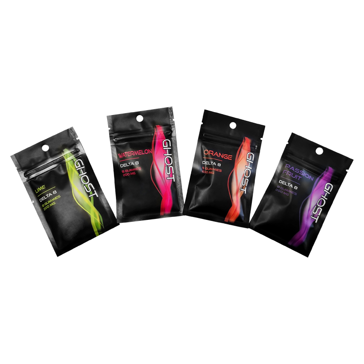 Four black printed gummy pouches with coordinated color accents and hanging holes