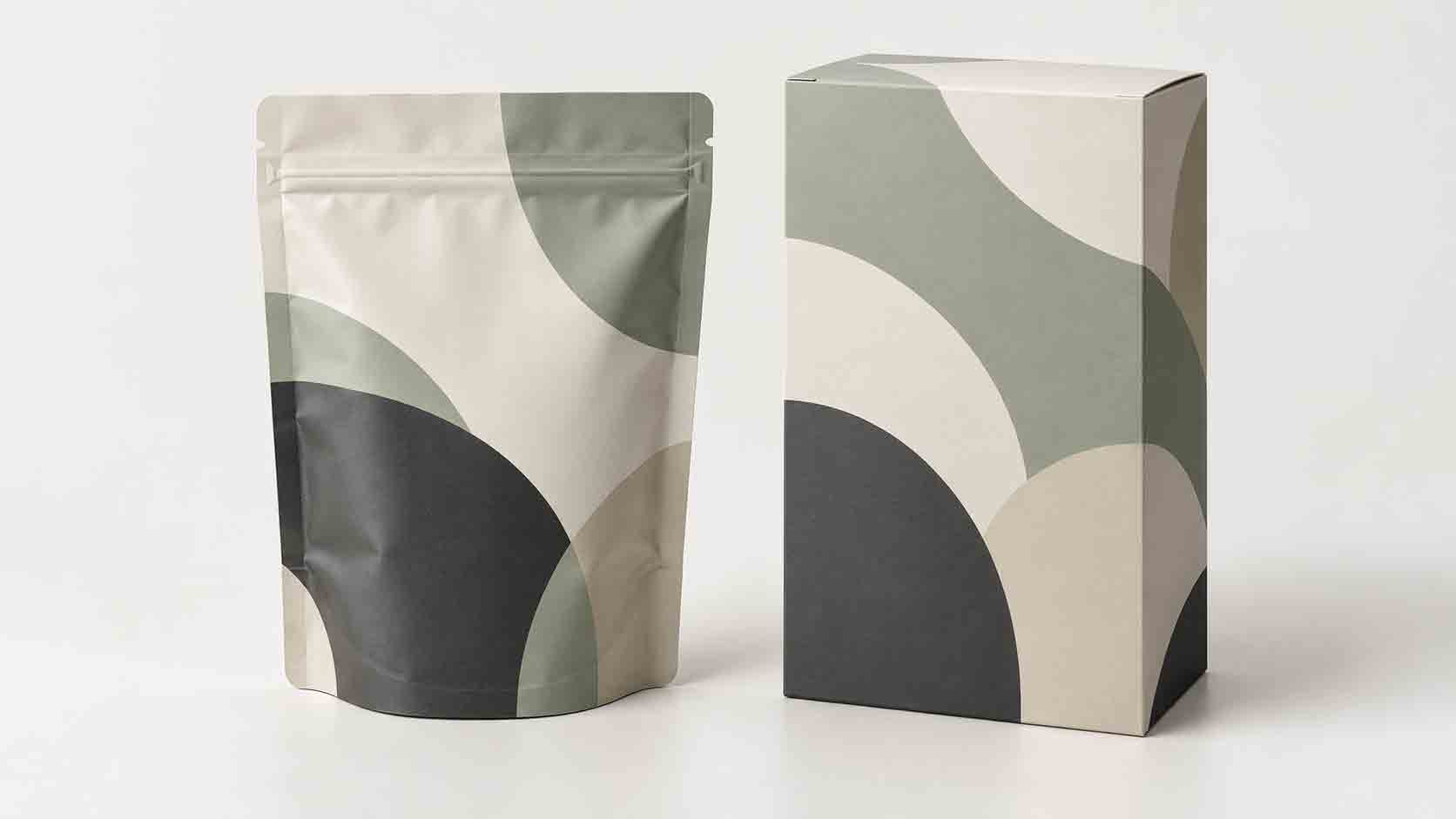 Packaging design concept showing a resealable stand-up pouch and matching carton with coordinated ivory, charcoal and sage artwork