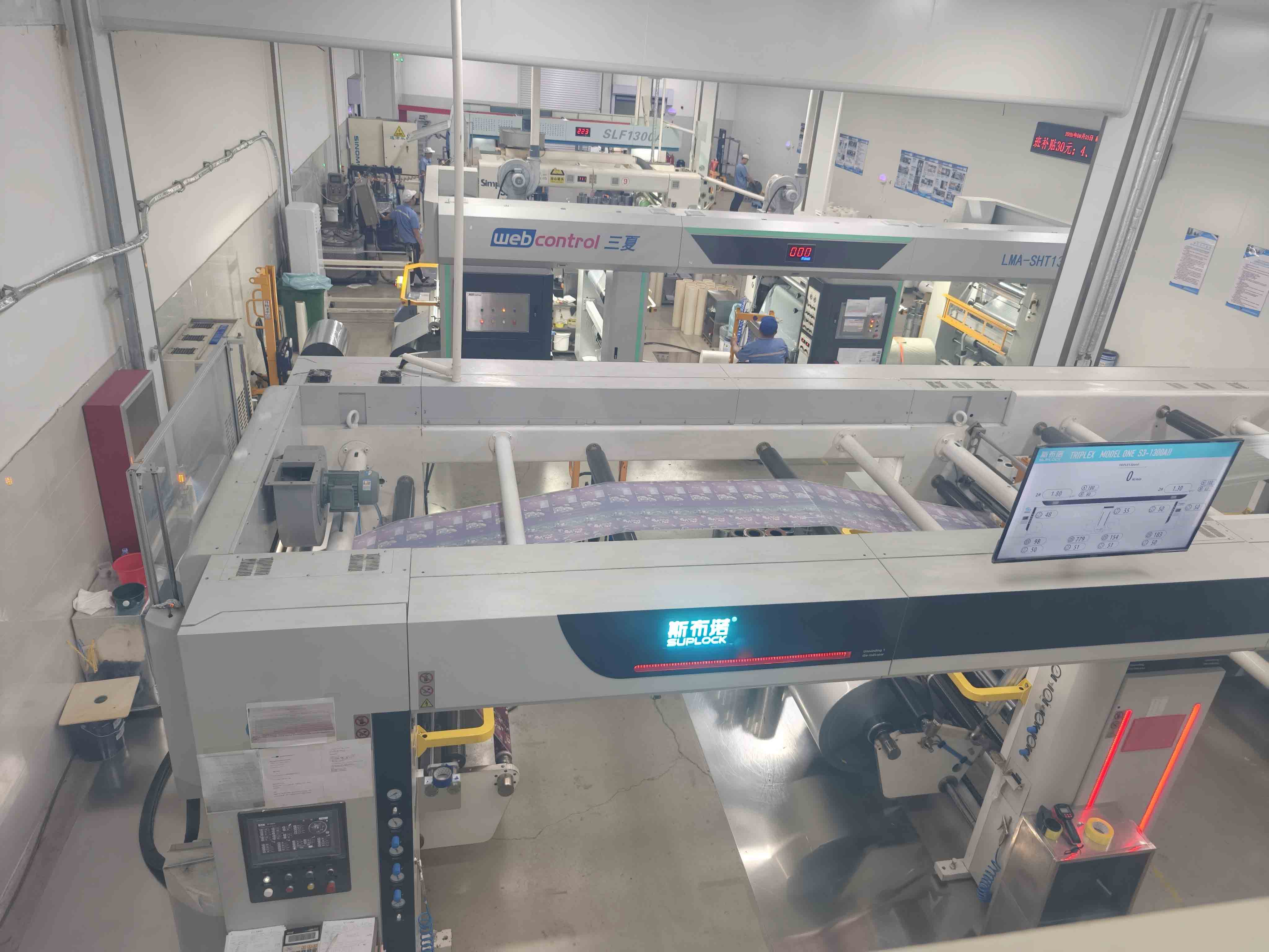 Flexible packaging production equipment viewed from above in the factory workshop